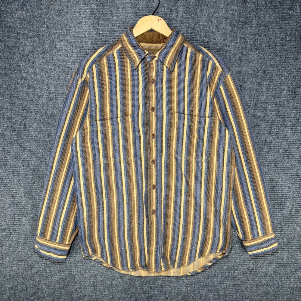 St Johns Bay Mens Small Blue Brown Striped Heavy Cotton Flannel Shirt